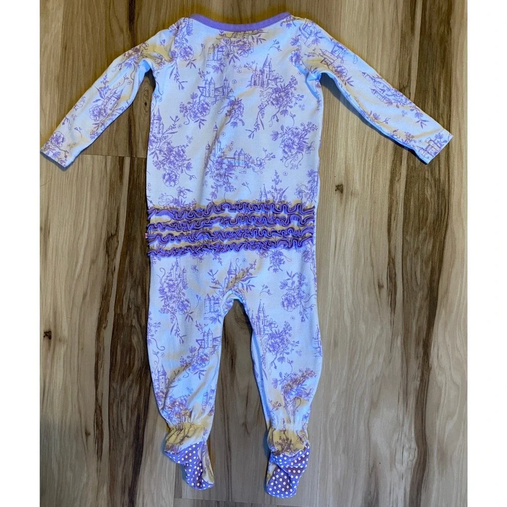 RuffleButts Convertible Ruffle One Piece Pajama Toile Baby Girl Sleeper 3-6M